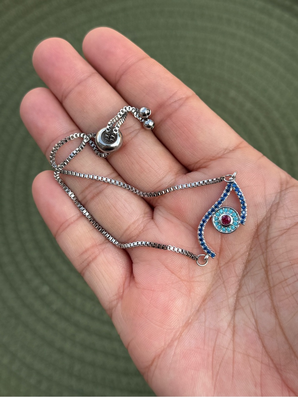 Dainty White Gold Plated CZ Greek Eye Slider Adjustable Bracelet